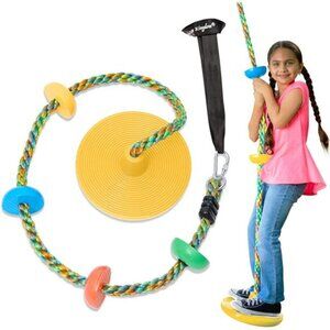 Tree Swing for Kids - Single Disc Seat and Rainbow Climbing Rope Set w/Carabiner